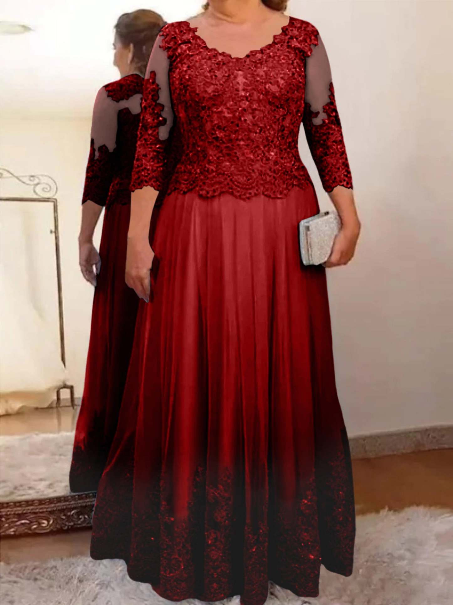 Floor-Length A-Line Mother of the Bride Dress with Sheer Neck and 3/4 Sleeves Featuring Applique-BMbridal