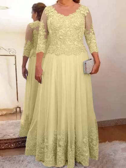 Floor-Length A-Line Mother of the Bride Dress with Sheer Neck and 3/4 Sleeves Featuring Applique-BMbridal
