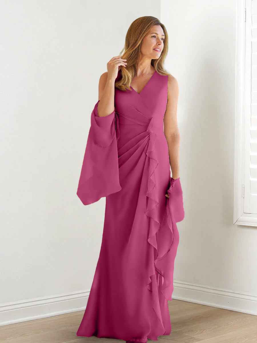 V-Neck Sleeveless Floor-Length Mother of the Bride Gown with Wraps & Ruffles-BMbridal