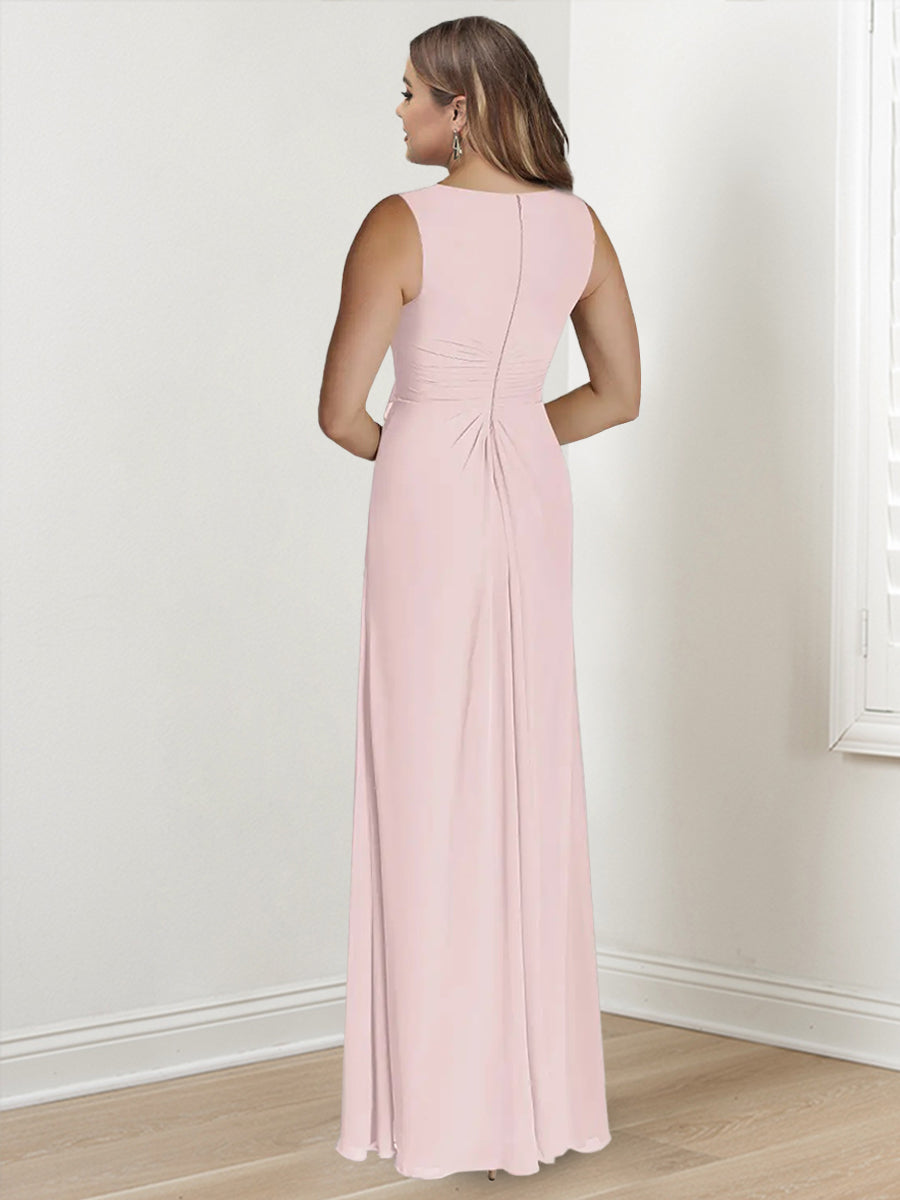 V-Neck Sleeveless Plus Size Floor-Length Mother of the Bride Sheath Dress with Wrap-BMbridal