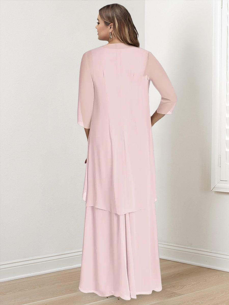 V-Neck Sleeveless Plus Size Floor-Length Mother of the Bride Sheath Dress with Wrap-BMbridal