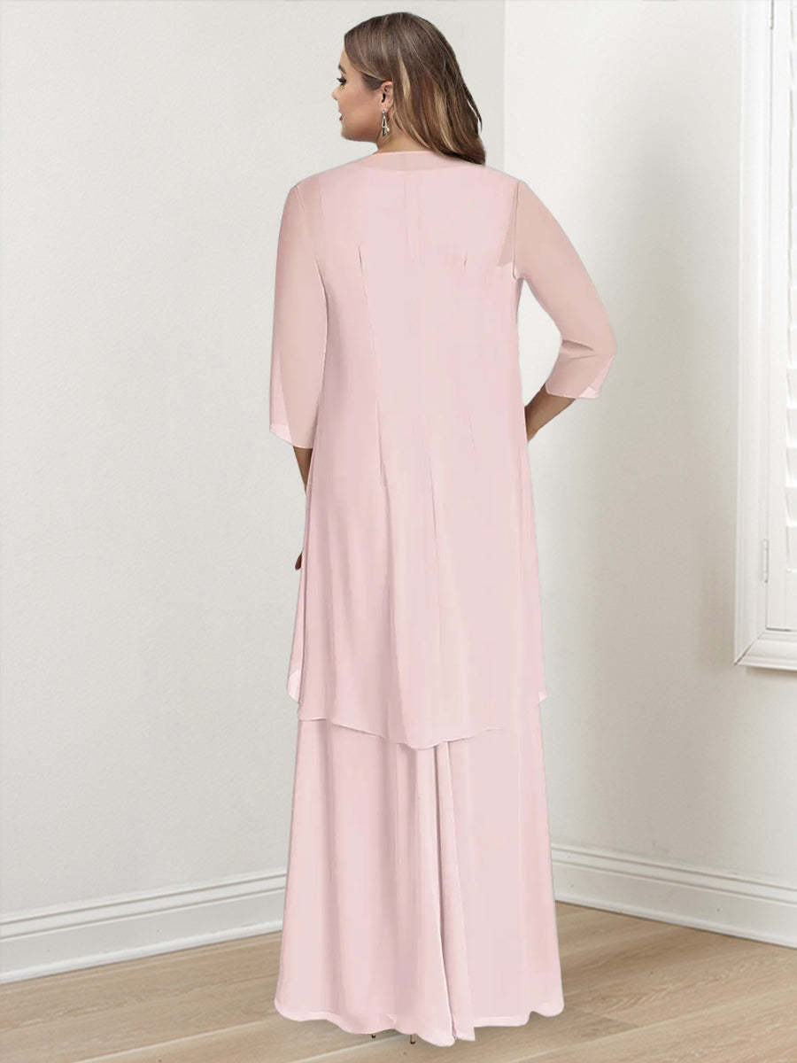 V-Neck Sleeveless Plus Size Floor-Length Mother of the Bride Sheath Dress with Wrap-BMbridal