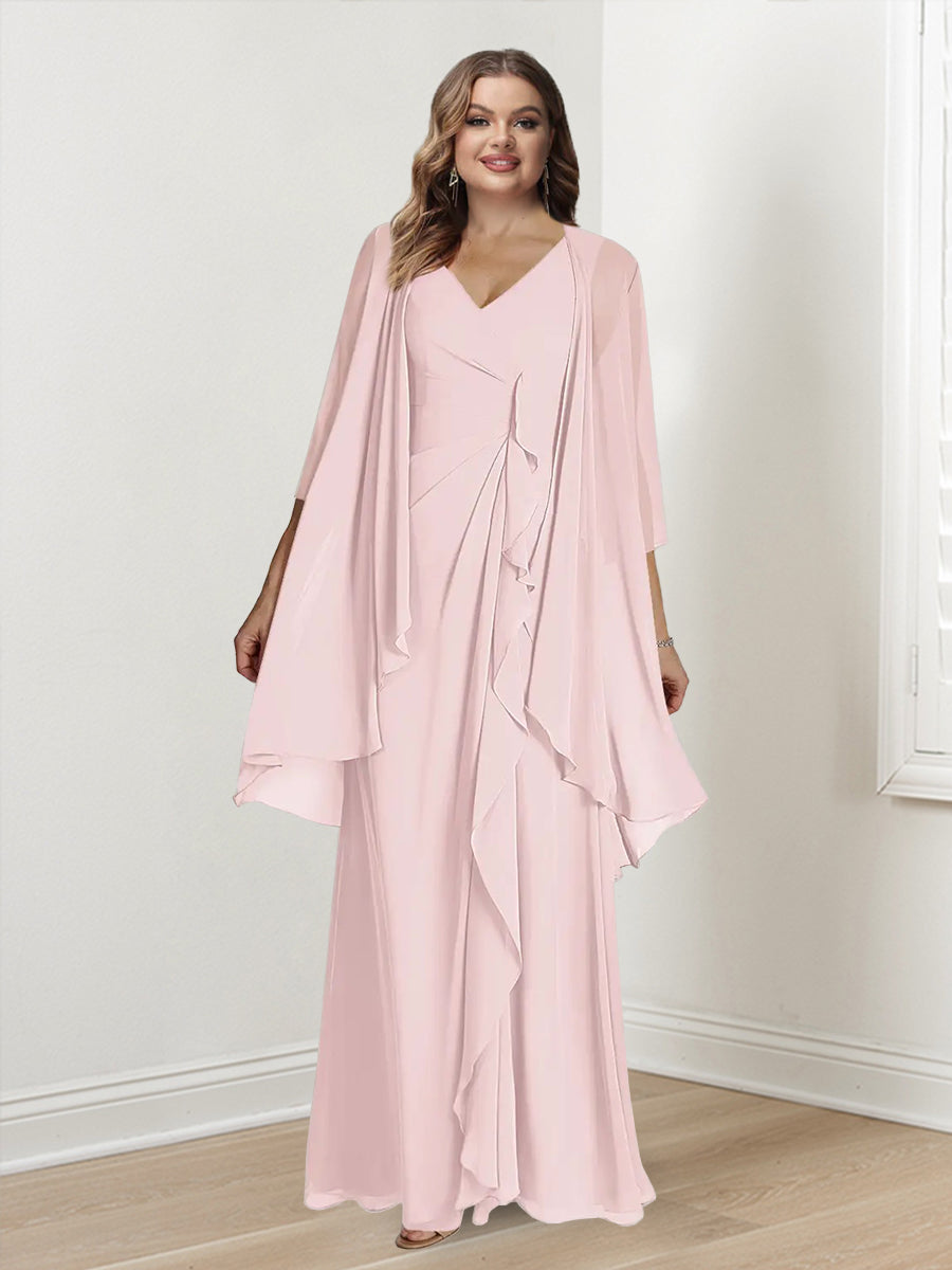 V-Neck Sleeveless Plus Size Floor-Length Mother of the Bride Sheath Dress with Wrap-BMbridal