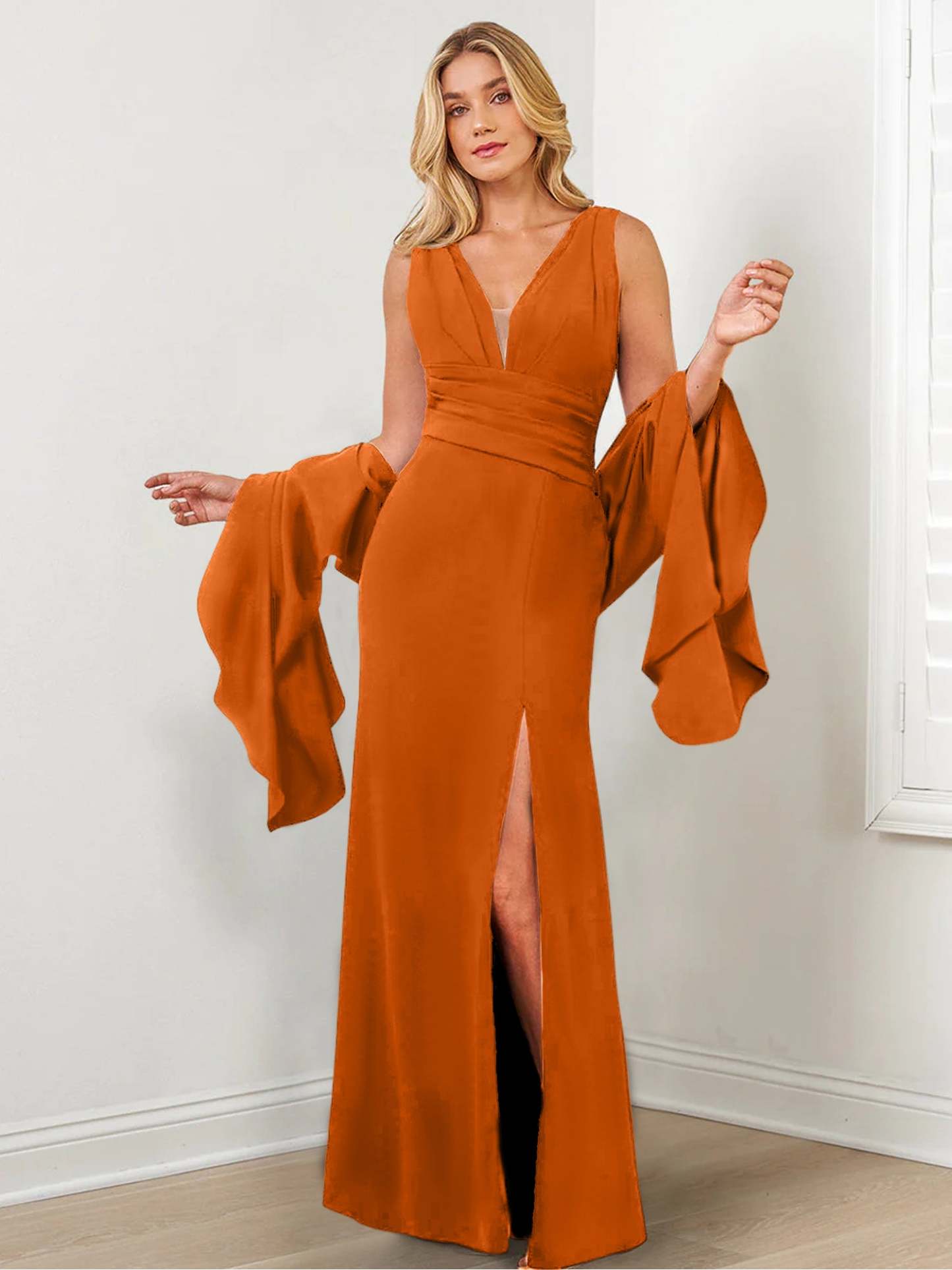 V-Neck Mother of the Bride Column Dresses with Side Split & Wraps-BMbridal