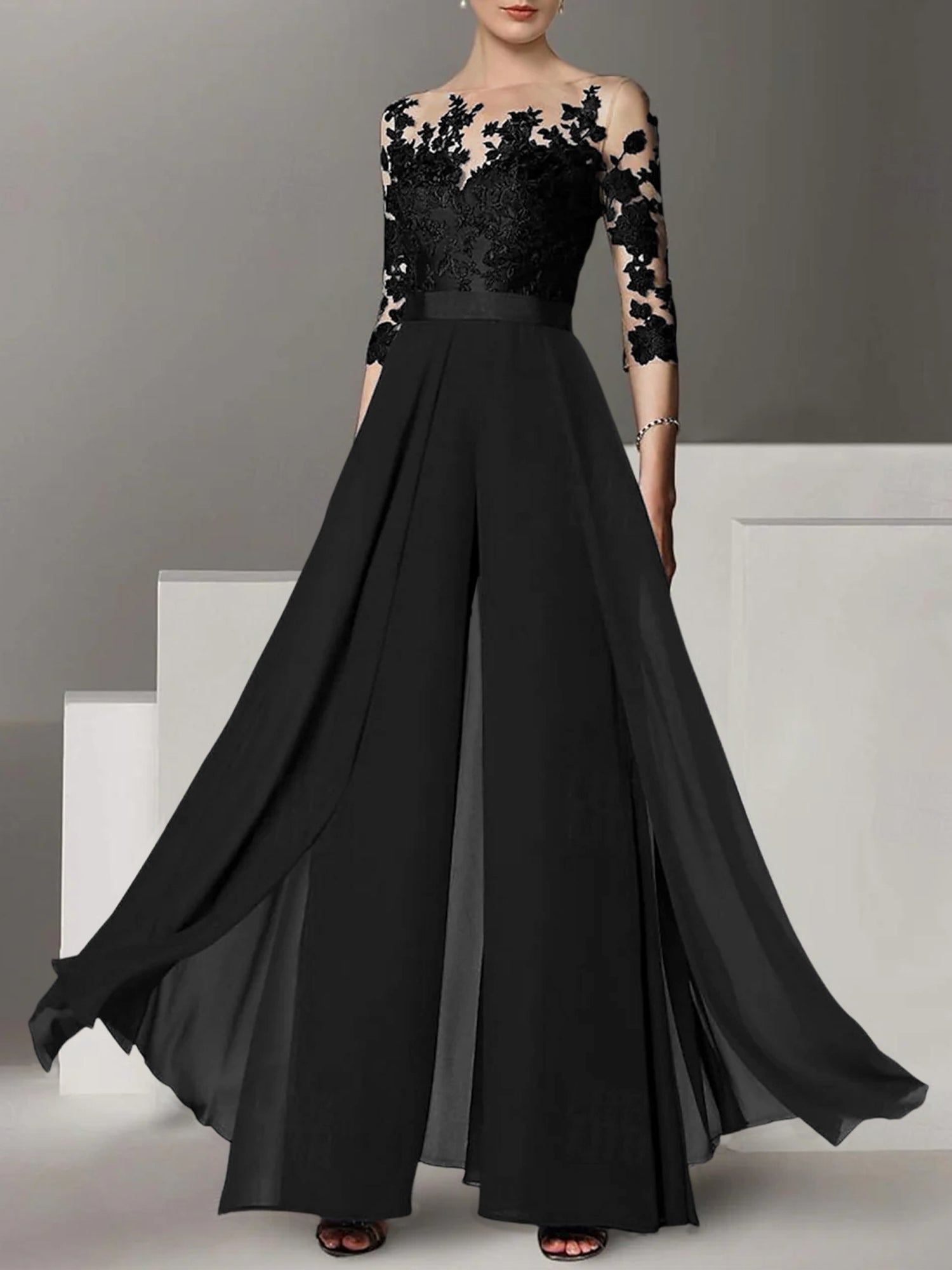 Princess Jewel Neck A-Line Floor-Length Mother of the Bride Pantsuit with Applique and 3/4 Sleeves-BMbridal