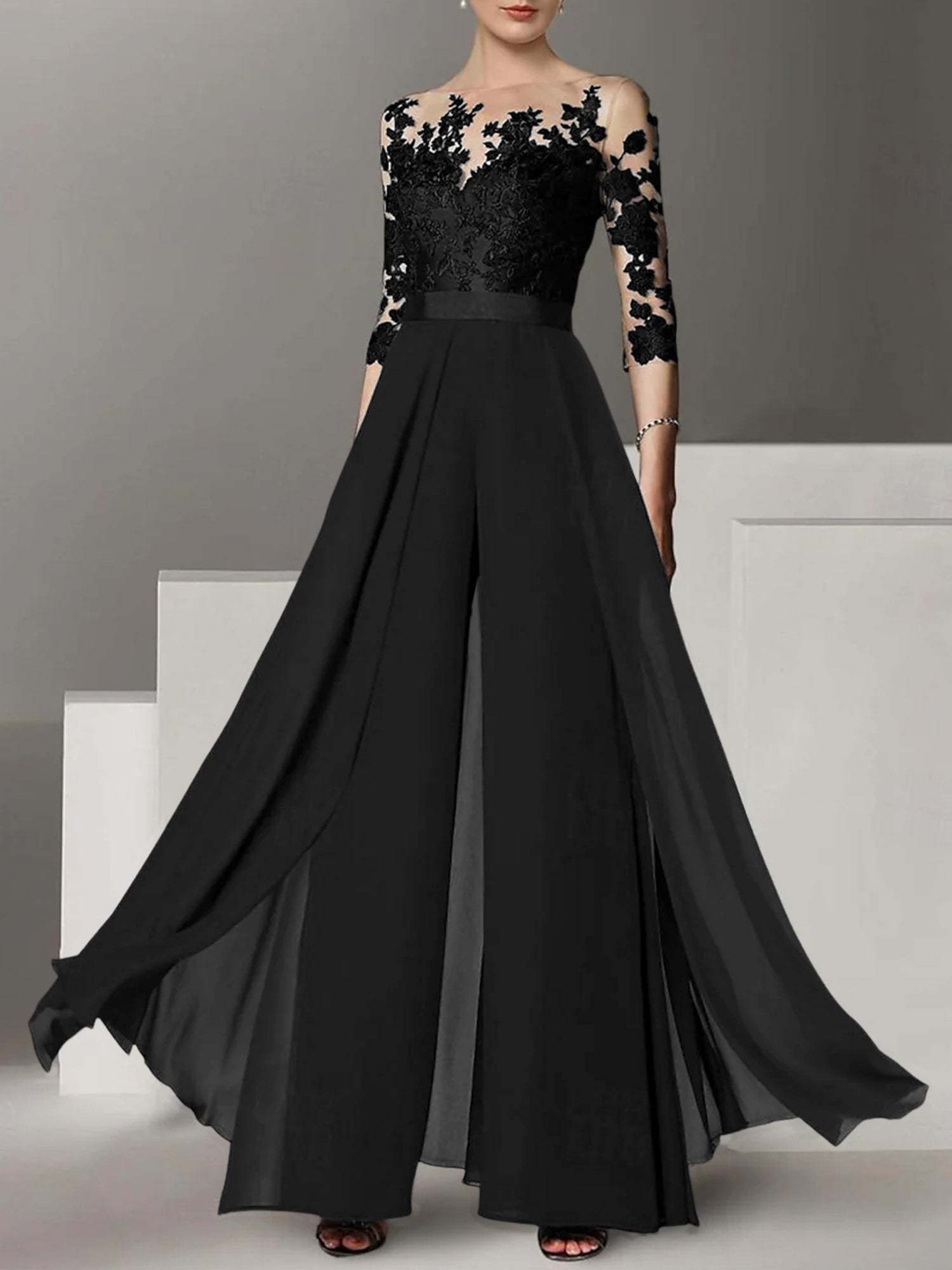 Princess Jewel Neck A-Line Floor-Length Mother of the Bride Pantsuit with Applique and 3/4 Sleeves-BMbridal