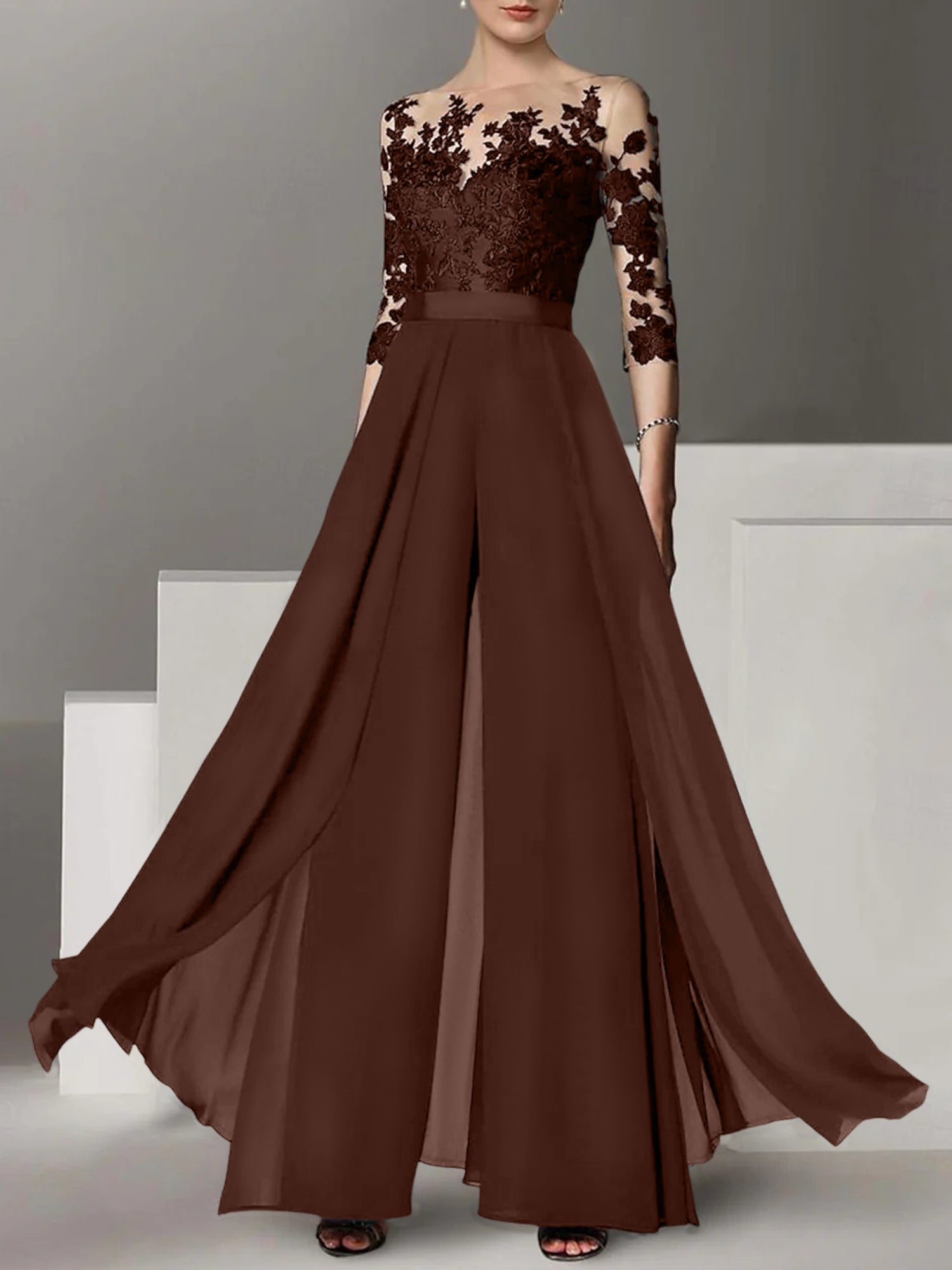Princess Jewel Neck A-Line Floor-Length Mother of the Bride Pantsuit with Applique and 3/4 Sleeves-BMbridal