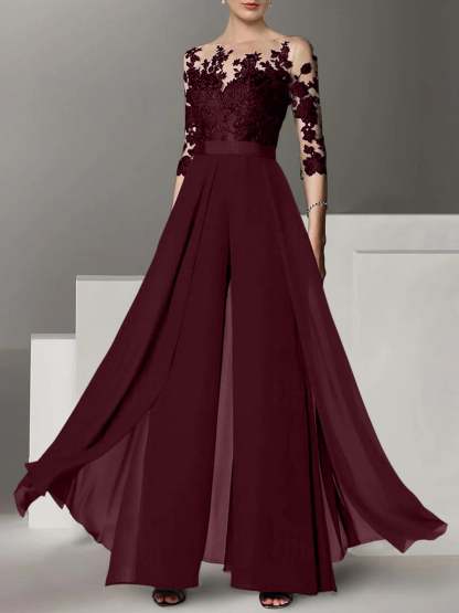 Princess Jewel Neck A-Line Floor-Length Mother of the Bride Pantsuit with Applique and 3/4 Sleeves-BMbridal