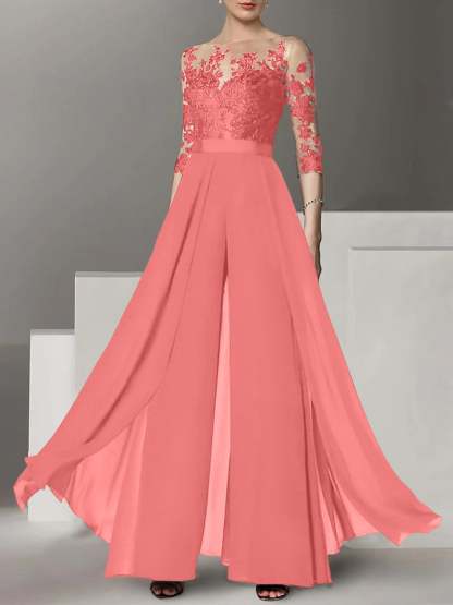 Princess Jewel Neck A-Line Floor-Length Mother of the Bride Pantsuit with Applique and 3/4 Sleeves-BMbridal