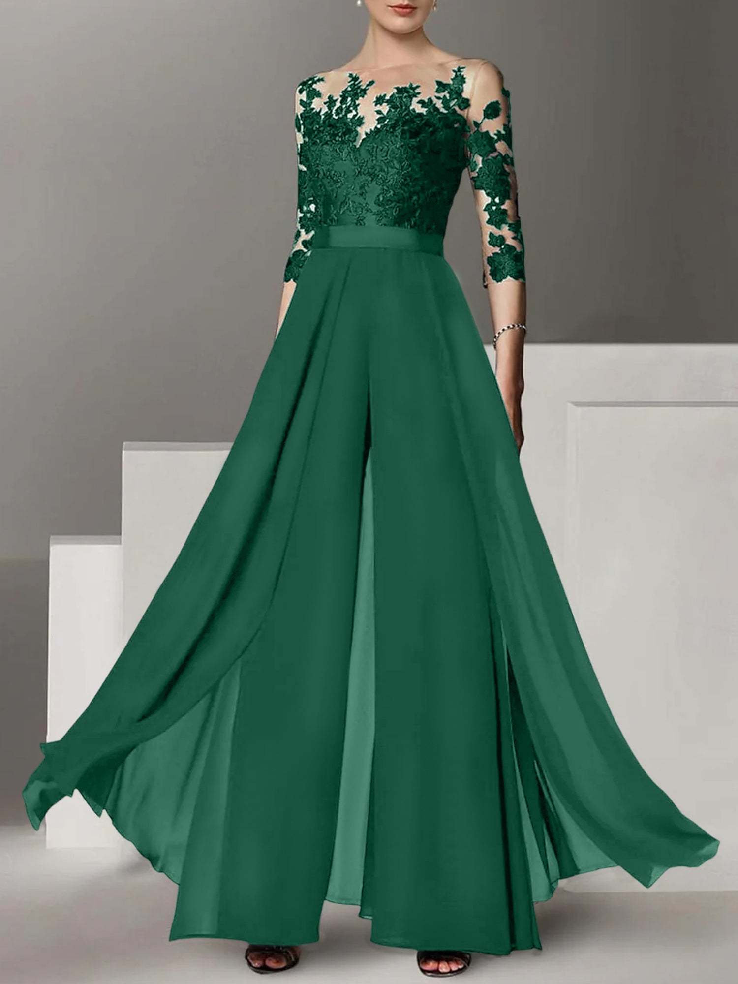 Princess Jewel Neck A-Line Floor-Length Mother of the Bride Pantsuit with Applique and 3/4 Sleeves-BMbridal