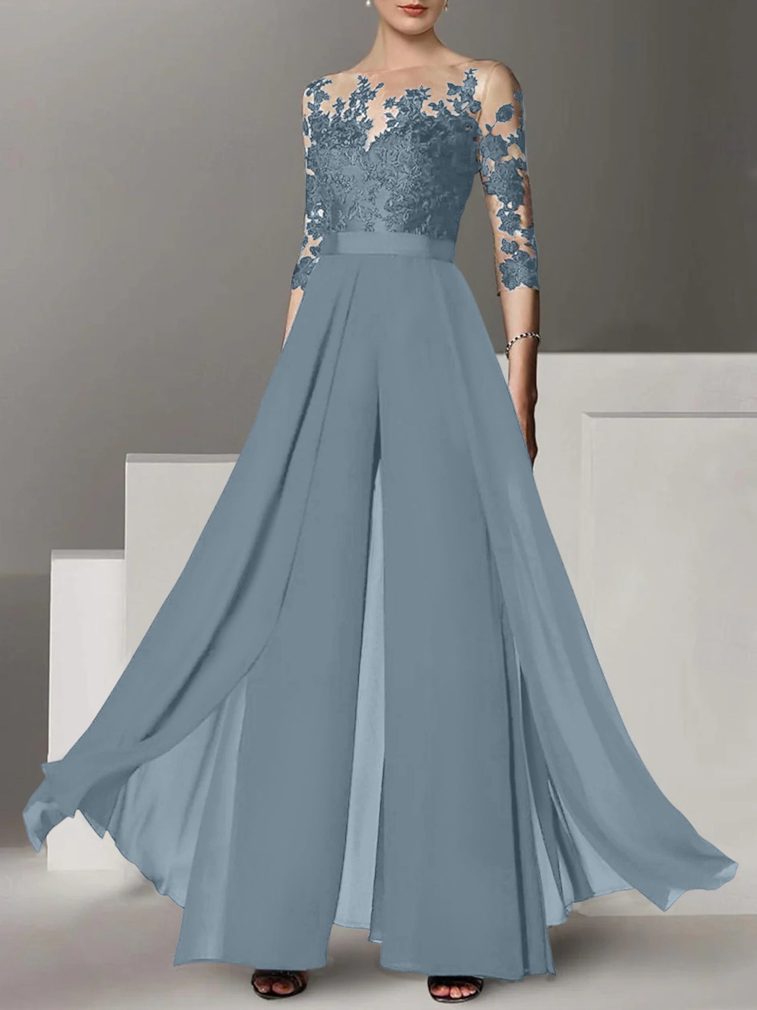 Princess Jewel Neck A-Line Floor-Length Mother of the Bride Pantsuit with Applique and 3/4 Sleeves-BMbridal