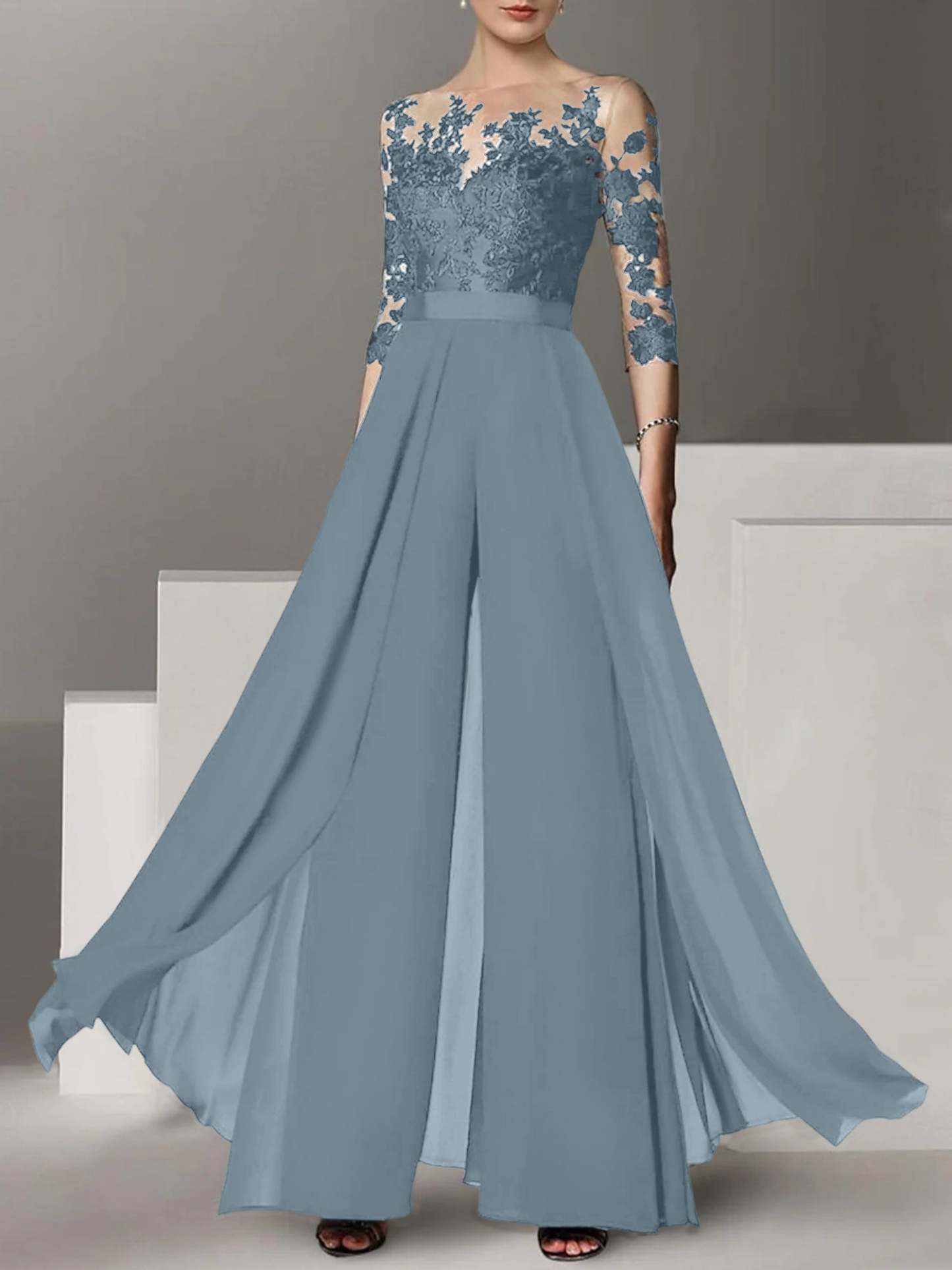 Princess Jewel Neck A-Line Floor-Length Mother of the Bride Pantsuit with Applique and 3/4 Sleeves-BMbridal