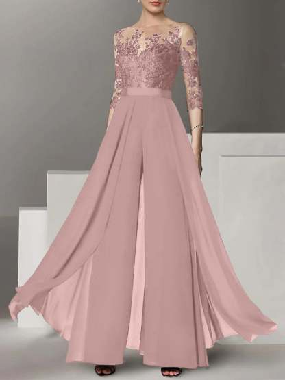 Princess Jewel Neck A-Line Floor-Length Mother of the Bride Pantsuit with Applique and 3/4 Sleeves-BMbridal