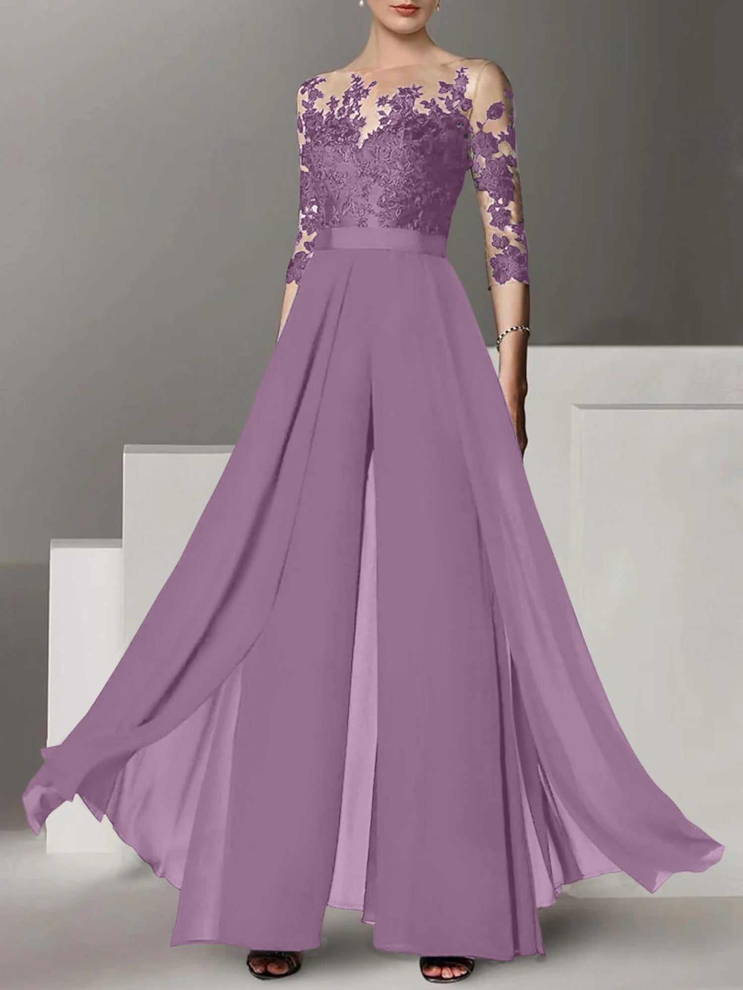 Princess Jewel Neck A-Line Floor-Length Mother of the Bride Pantsuit with Applique and 3/4 Sleeves-BMbridal