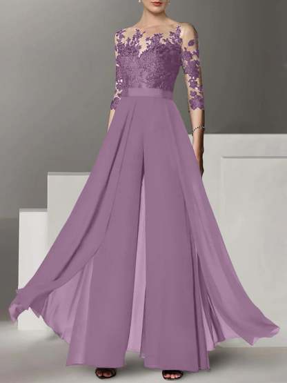 Princess Jewel Neck A-Line Floor-Length Mother of the Bride Pantsuit with Applique and 3/4 Sleeves-BMbridal