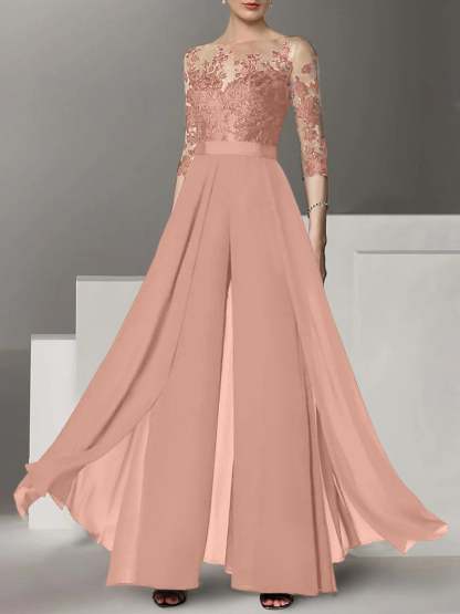 Princess Jewel Neck A-Line Floor-Length Mother of the Bride Pantsuit with Applique and 3/4 Sleeves-BMbridal