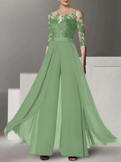 Princess Jewel Neck A-Line Floor-Length Mother of the Bride Pantsuit with Applique and 3/4 Sleeves-BMbridal