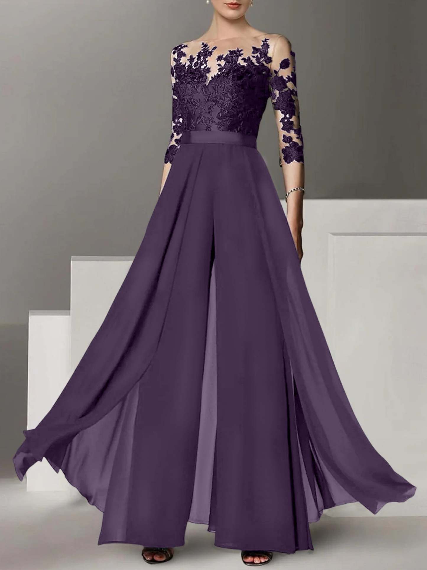 Princess Jewel Neck A-Line Floor-Length Mother of the Bride Pantsuit with Applique and 3/4 Sleeves-BMbridal