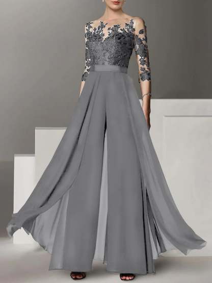 Princess Jewel Neck A-Line Floor-Length Mother of the Bride Pantsuit with Applique and 3/4 Sleeves-BMbridal