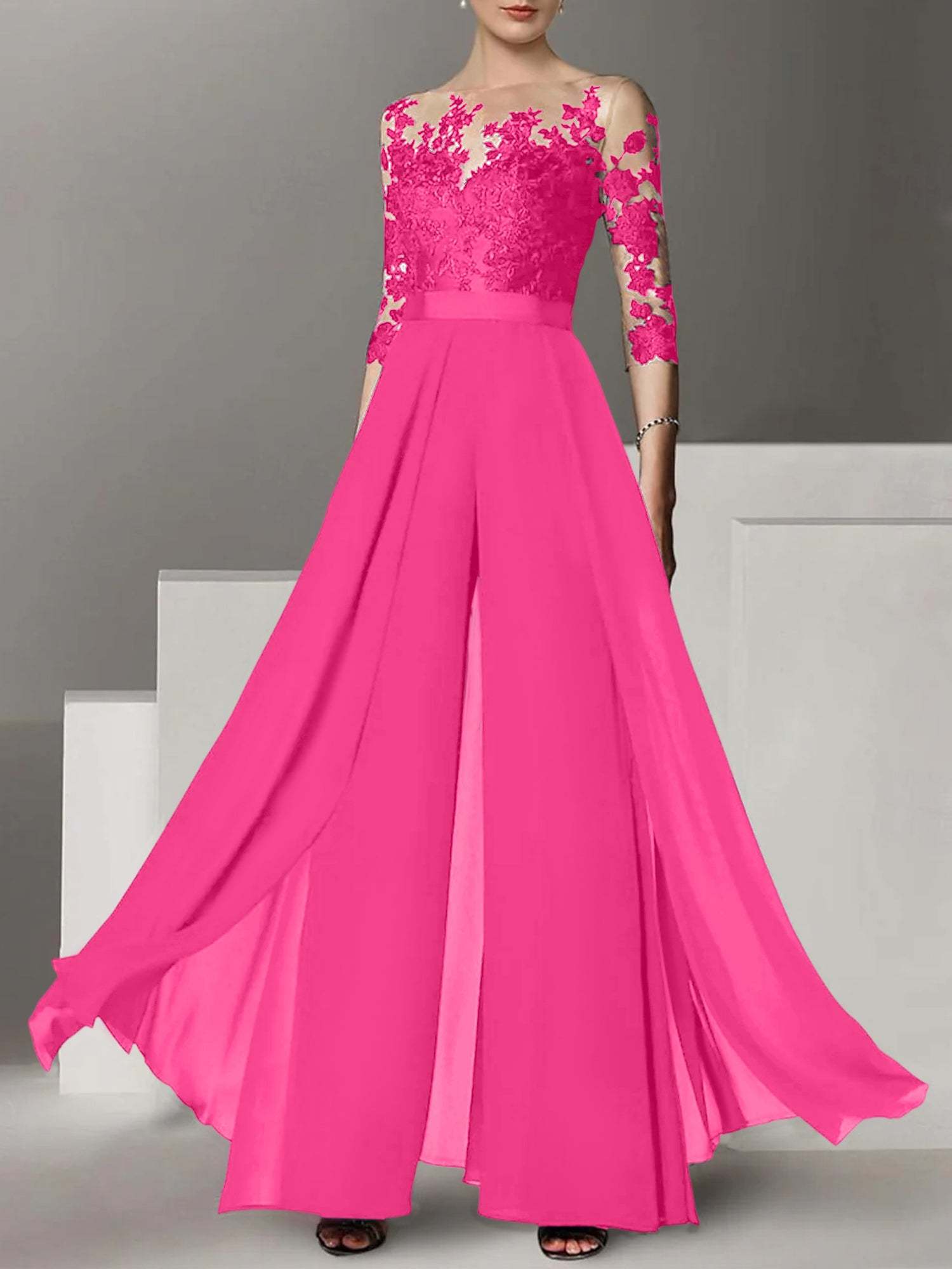 Princess Jewel Neck A-Line Floor-Length Mother of the Bride Pantsuit with Applique and 3/4 Sleeves-BMbridal