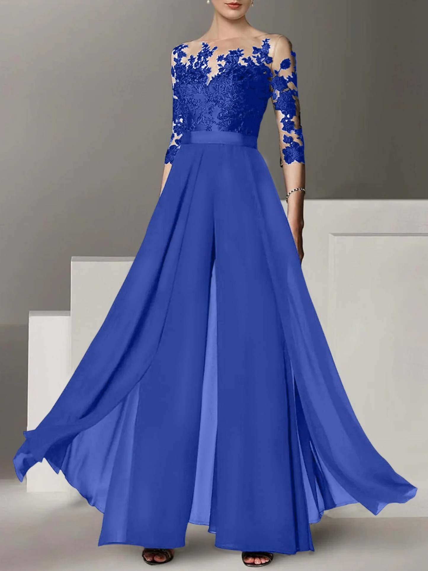 Princess Jewel Neck A-Line Floor-Length Mother of the Bride Pantsuit with Applique and 3/4 Sleeves-BMbridal
