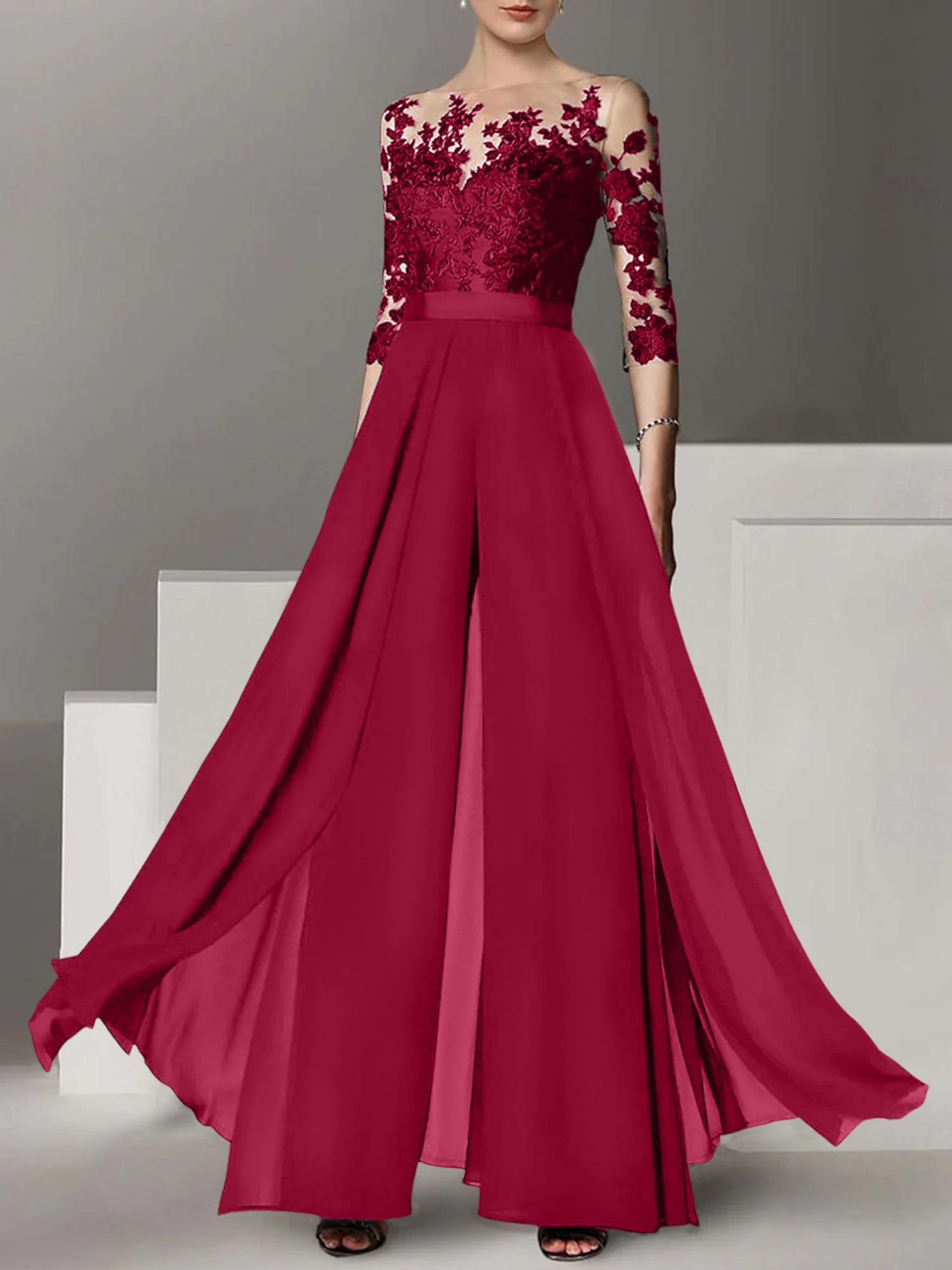 Princess Jewel Neck A-Line Floor-Length Mother of the Bride Pantsuit with Applique and 3/4 Sleeves-BMbridal