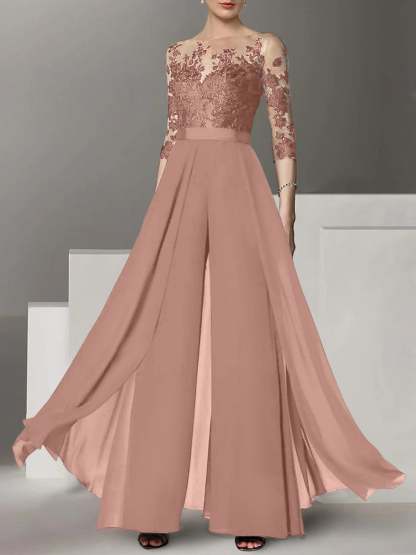 Princess Jewel Neck A-Line Floor-Length Mother of the Bride Pantsuit with Applique and 3/4 Sleeves-BMbridal