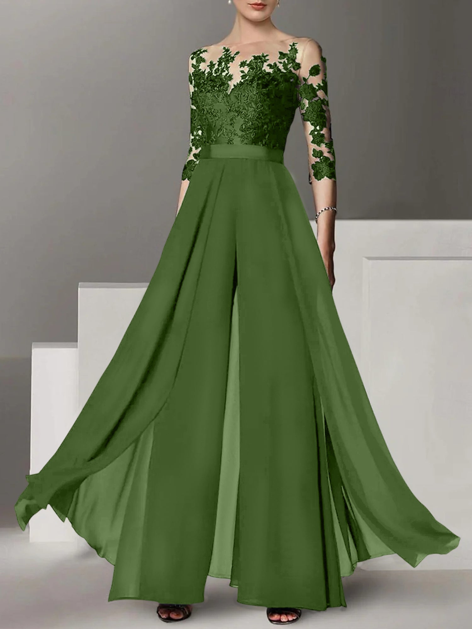 Princess Jewel Neck A-Line Floor-Length Mother of the Bride Pantsuit with Applique and 3/4 Sleeves-BMbridal