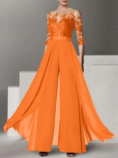 Princess Jewel Neck A-Line Floor-Length Mother of the Bride Pantsuit with Applique and 3/4 Sleeves-BMbridal