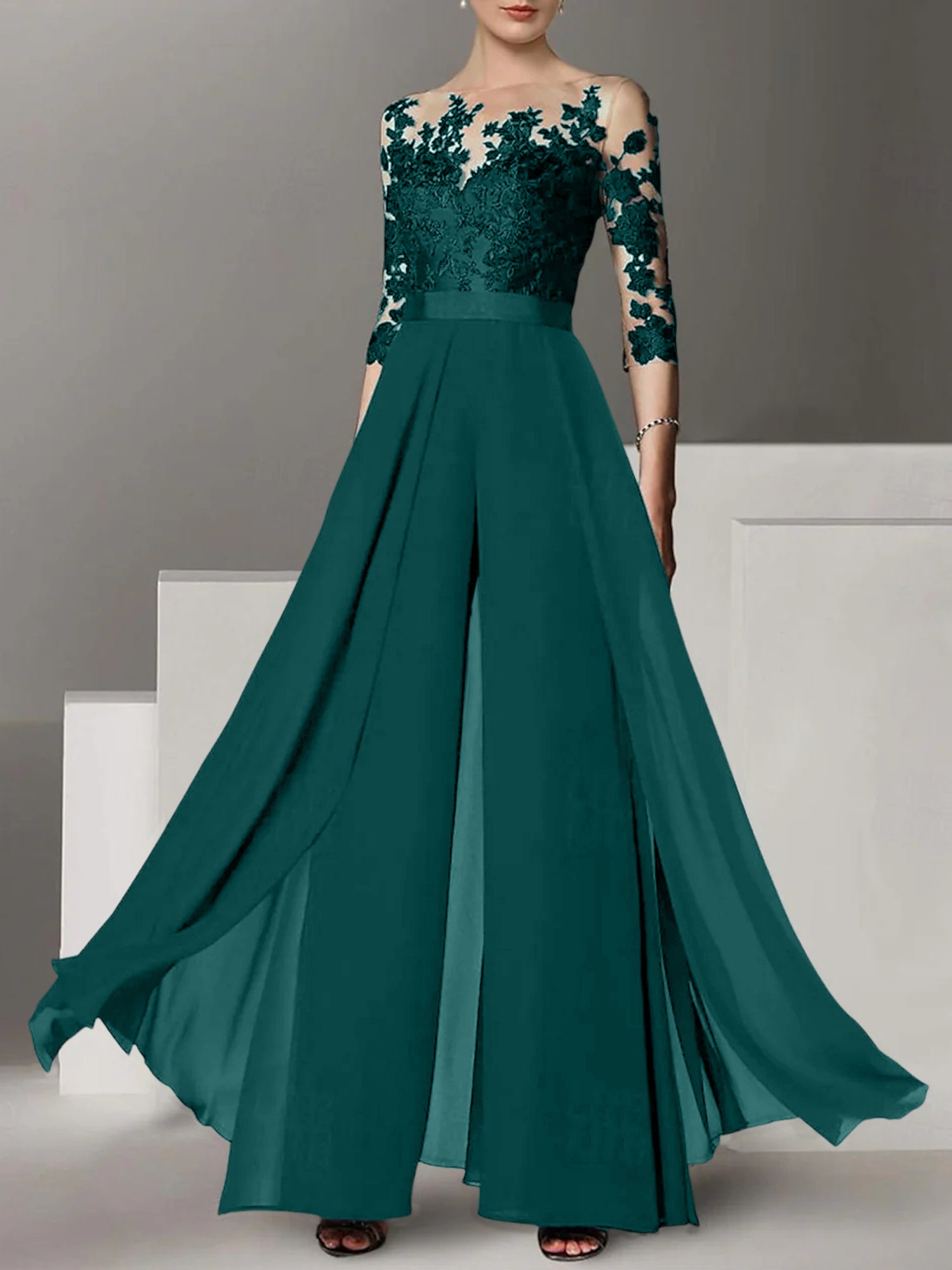 Princess Jewel Neck A-Line Floor-Length Mother of the Bride Pantsuit with Applique and 3/4 Sleeves-BMbridal