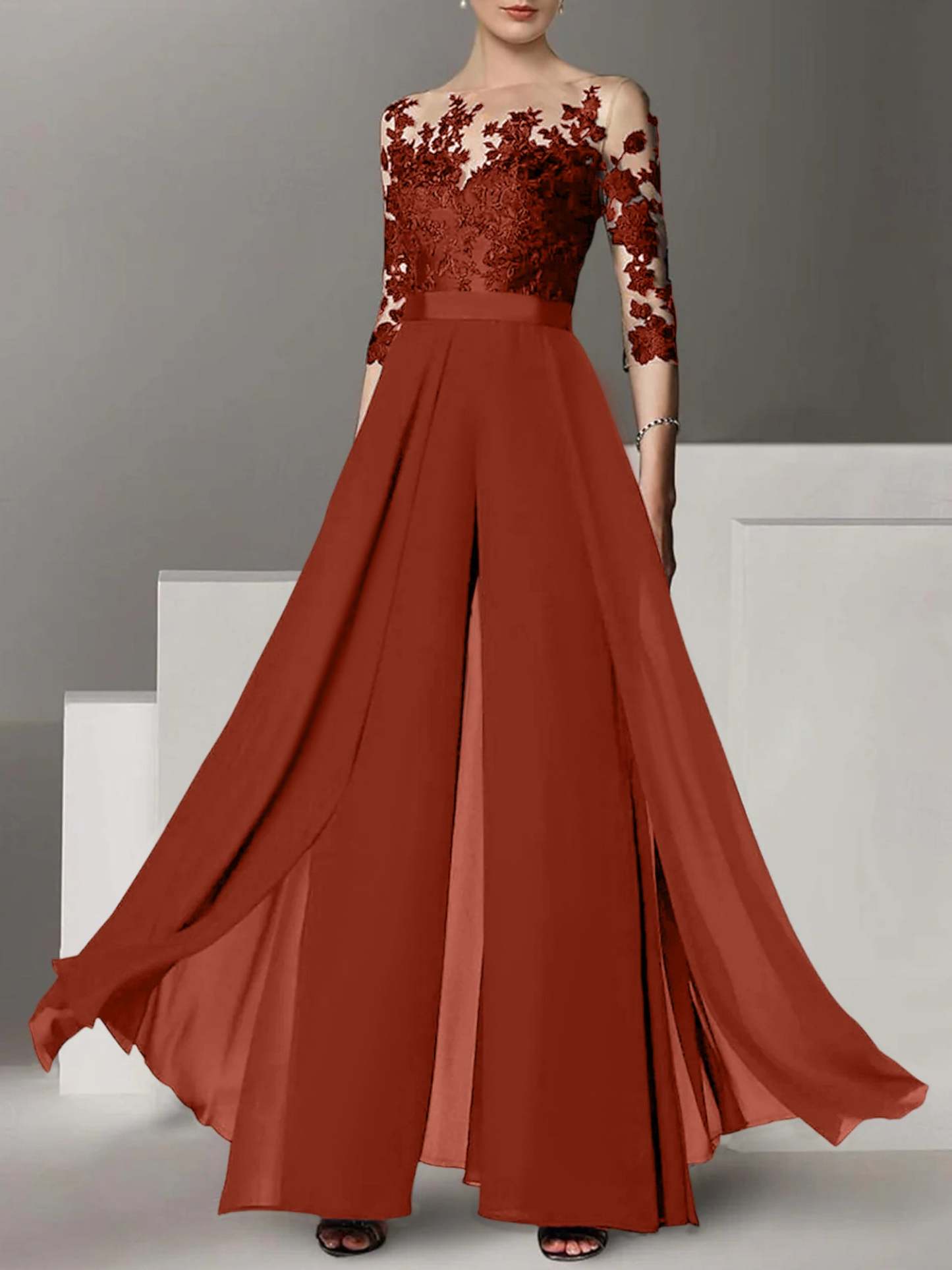 Princess Jewel Neck A-Line Floor-Length Mother of the Bride Pantsuit with Applique and 3/4 Sleeves-BMbridal