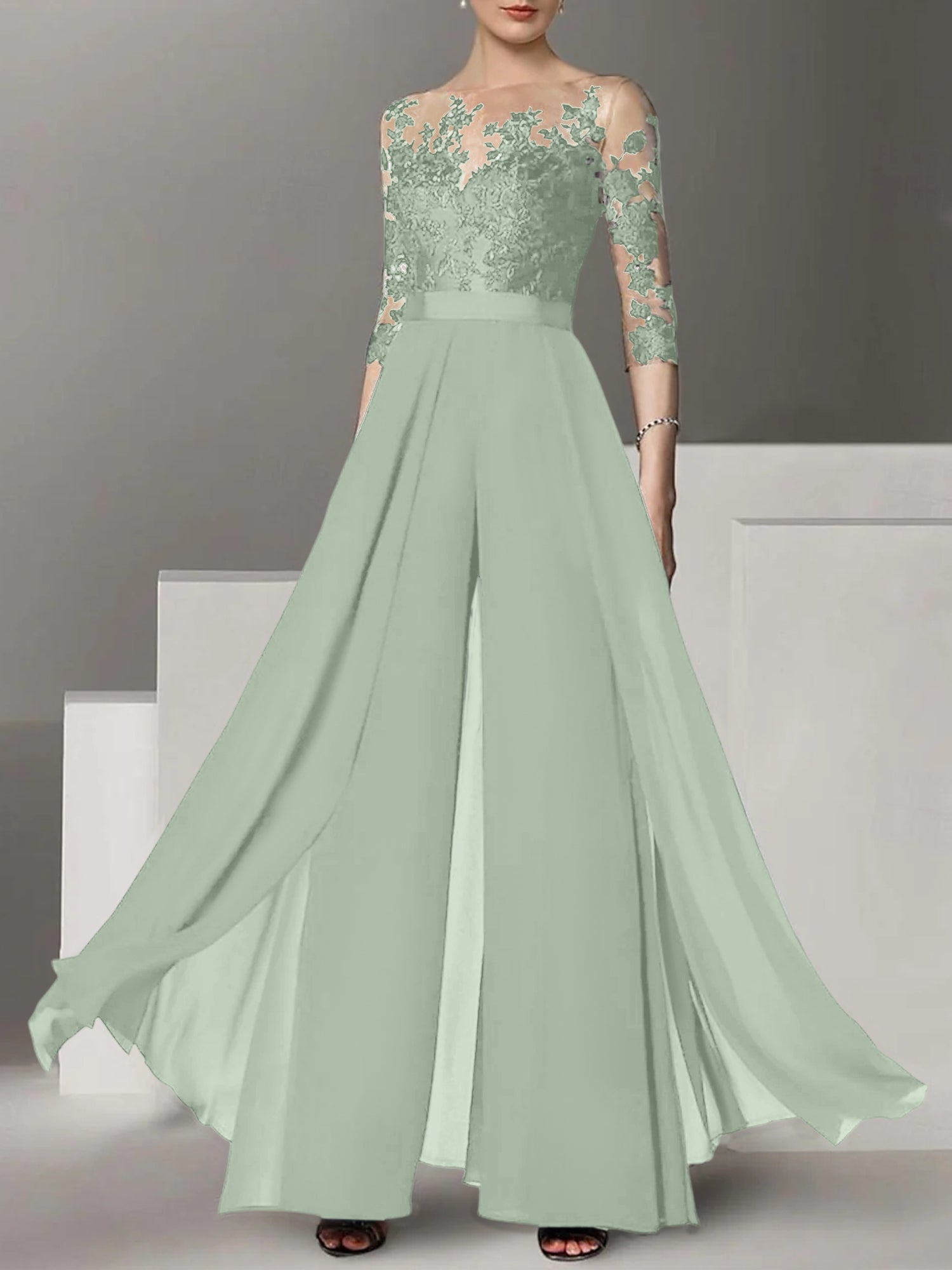 Princess Jewel Neck A-Line Floor-Length Mother of the Bride Pantsuit with Applique and 3/4 Sleeves-BMbridal