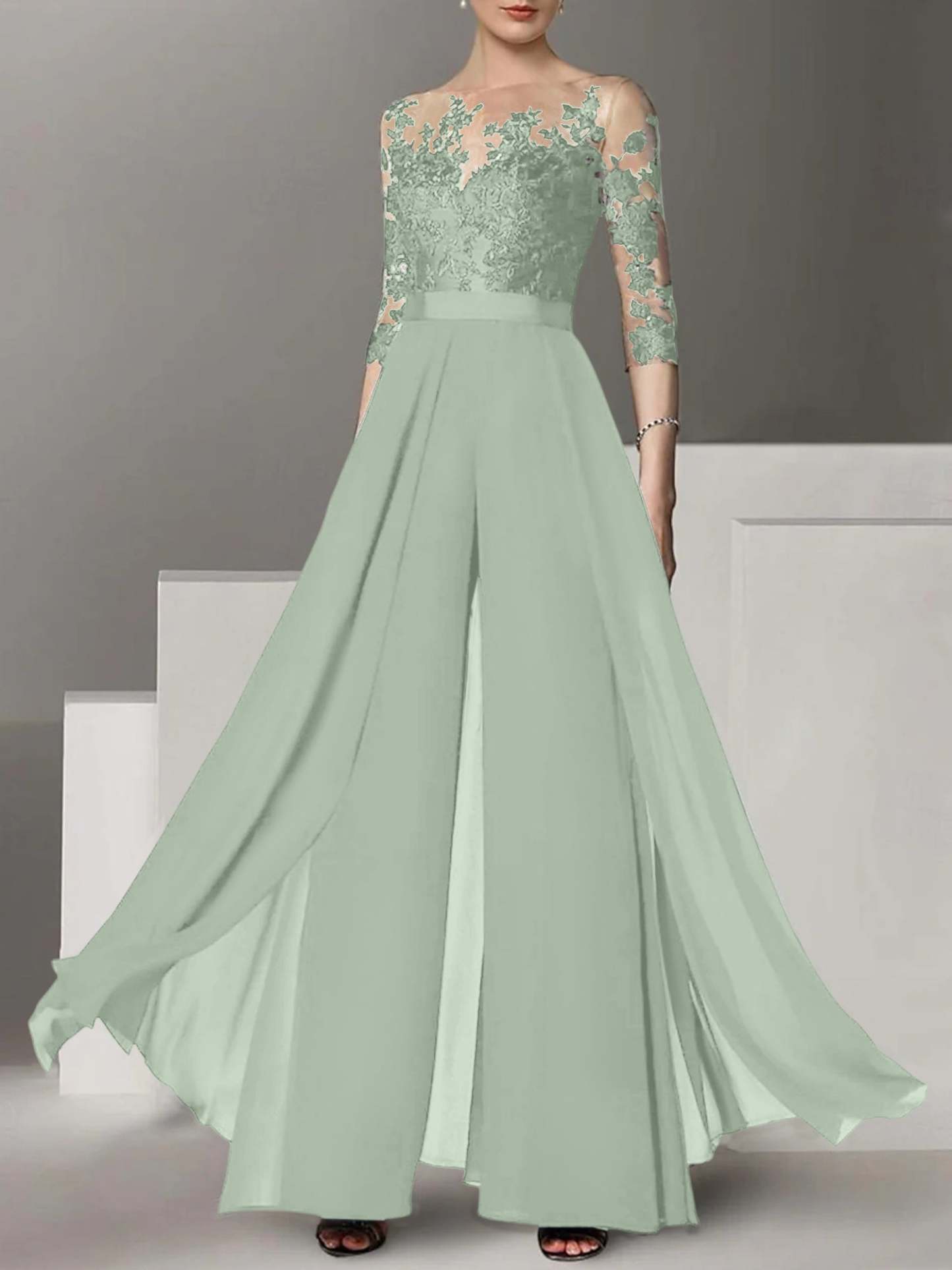Princess Jewel Neck A-Line Floor-Length Mother of the Bride Pantsuit with Applique and 3/4 Sleeves-BMbridal
