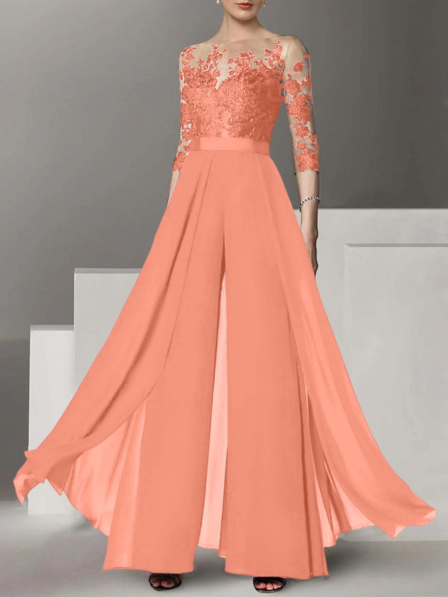 Princess Jewel Neck A-Line Floor-Length Mother of the Bride Pantsuit with Applique and 3/4 Sleeves-BMbridal