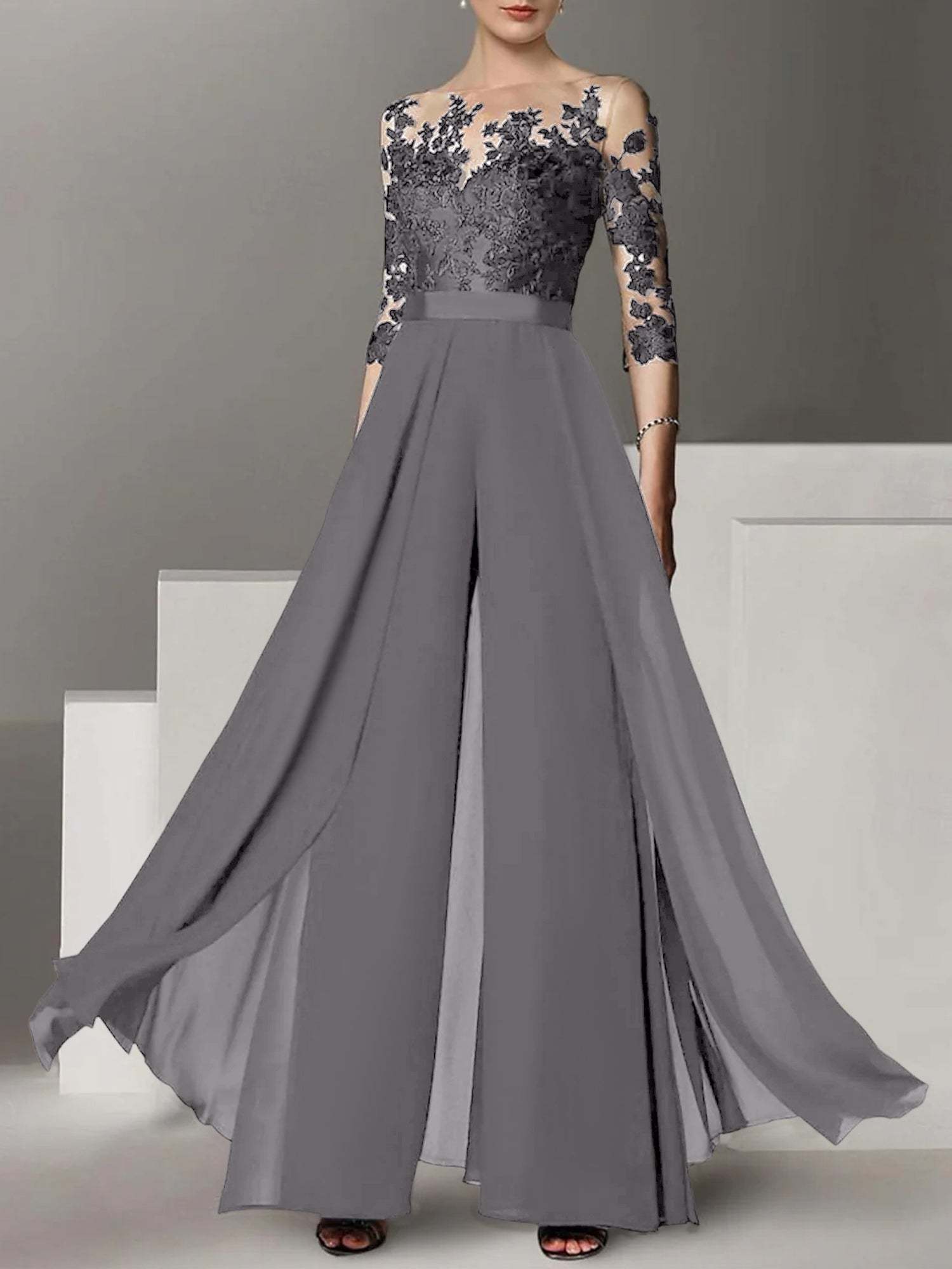 Princess Jewel Neck A-Line Floor-Length Mother of the Bride Pantsuit with Applique and 3/4 Sleeves-BMbridal