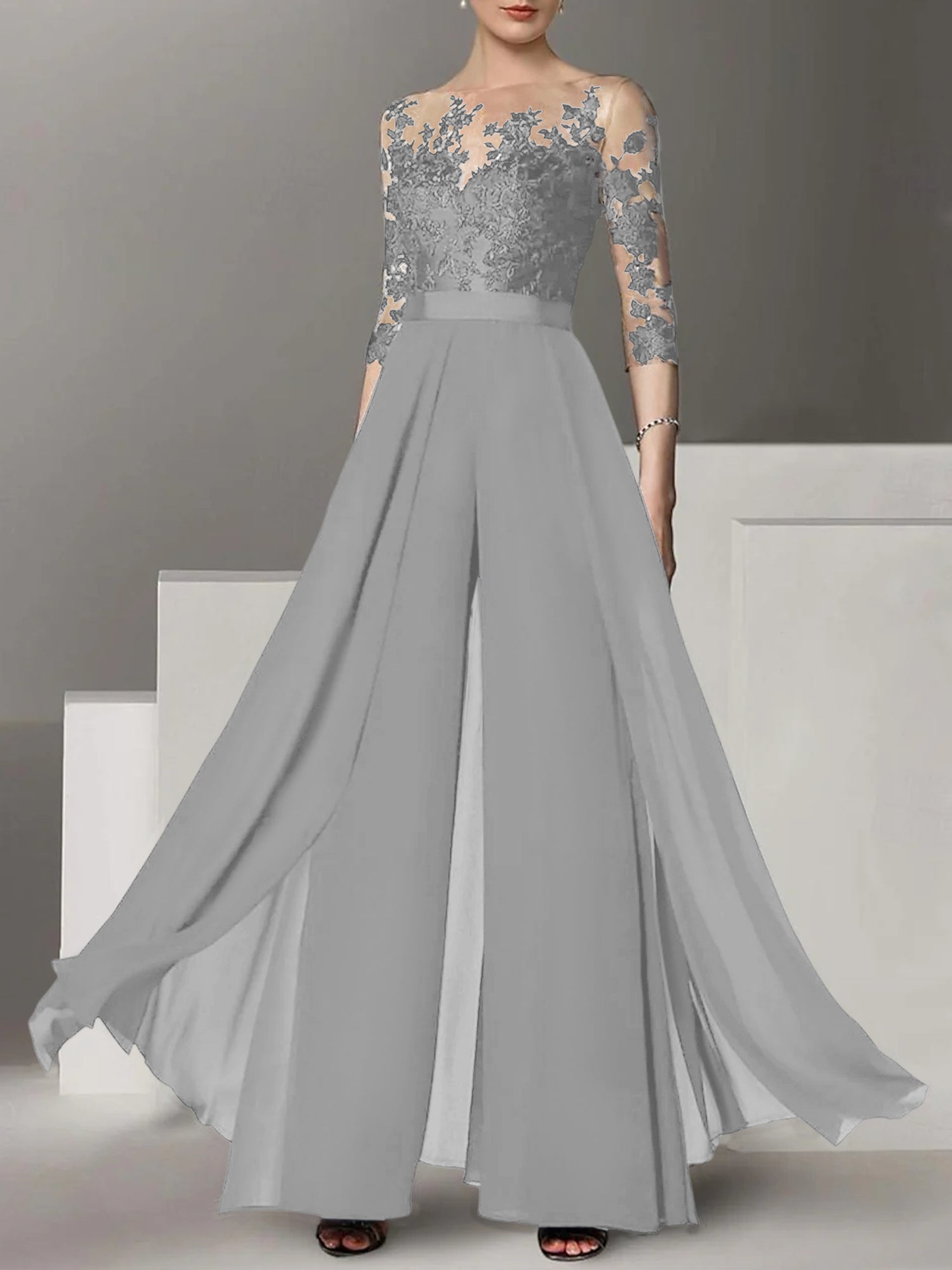 Princess Jewel Neck A-Line Floor-Length Mother of the Bride Pantsuit with Applique and 3/4 Sleeves-BMbridal