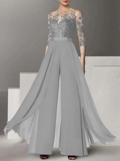Princess Jewel Neck A-Line Floor-Length Mother of the Bride Pantsuit with Applique and 3/4 Sleeves-BMbridal