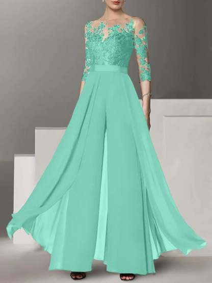 Princess Jewel Neck A-Line Floor-Length Mother of the Bride Pantsuit with Applique and 3/4 Sleeves-BMbridal