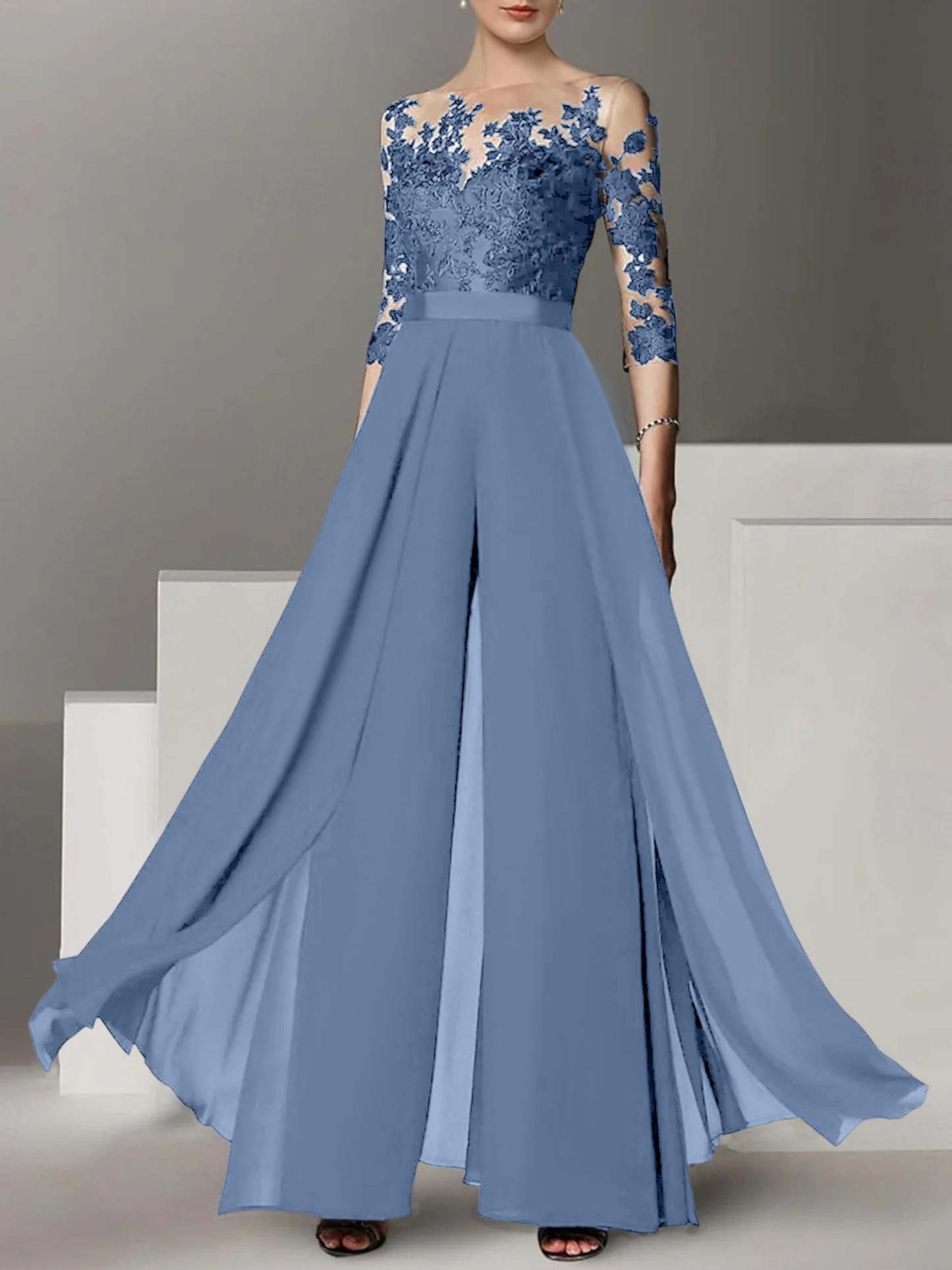 Princess Jewel Neck A-Line Floor-Length Mother of the Bride Pantsuit with Applique and 3/4 Sleeves-BMbridal