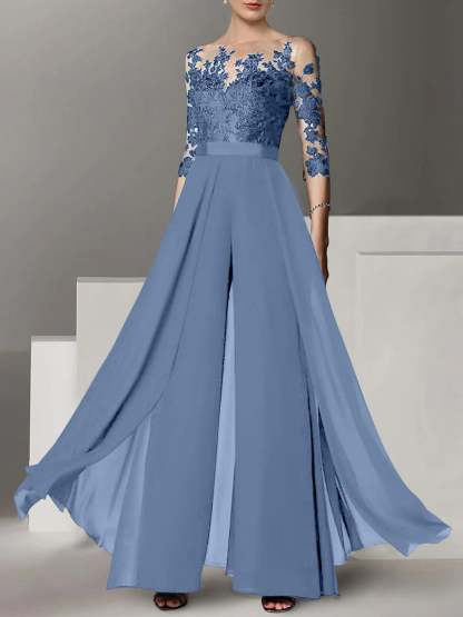 Princess Jewel Neck A-Line Floor-Length Mother of the Bride Pantsuit with Applique and 3/4 Sleeves-BMbridal