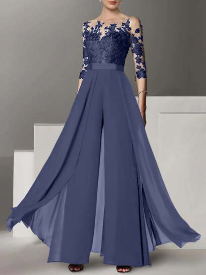 Princess Jewel Neck A-Line Floor-Length Mother of the Bride Pantsuit with Applique and 3/4 Sleeves-BMbridal