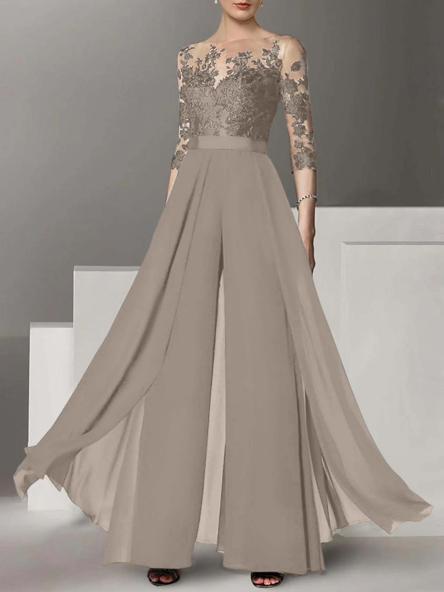 Princess Jewel Neck A-Line Floor-Length Mother of the Bride Pantsuit with Applique and 3/4 Sleeves-BMbridal