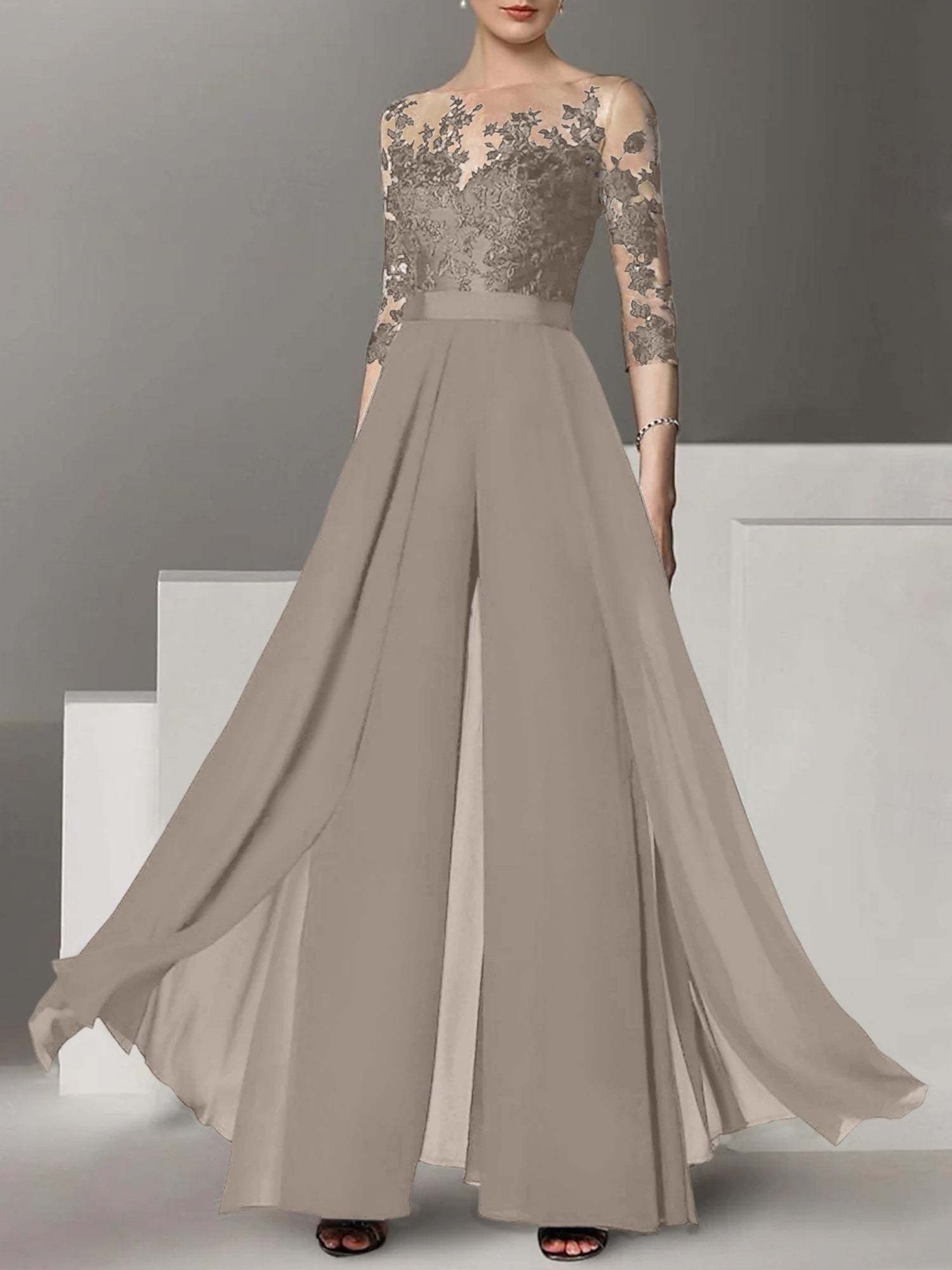Princess Jewel Neck A-Line Floor-Length Mother of the Bride Pantsuit with Applique and 3/4 Sleeves-BMbridal