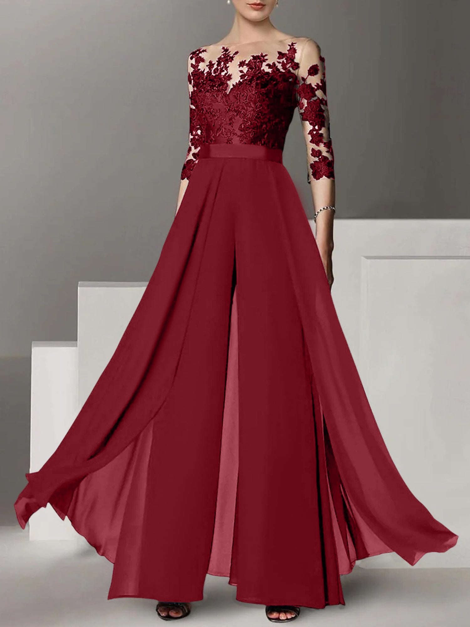 Princess Jewel Neck A-Line Floor-Length Mother of the Bride Pantsuit with Applique and 3/4 Sleeves-BMbridal