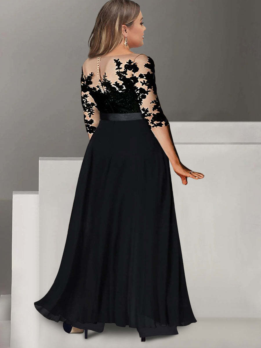 Princess Jewel Neck A-Line Floor-Length Mother of the Bride Pantsuit with Applique and 3/4 Sleeves-BMbridal