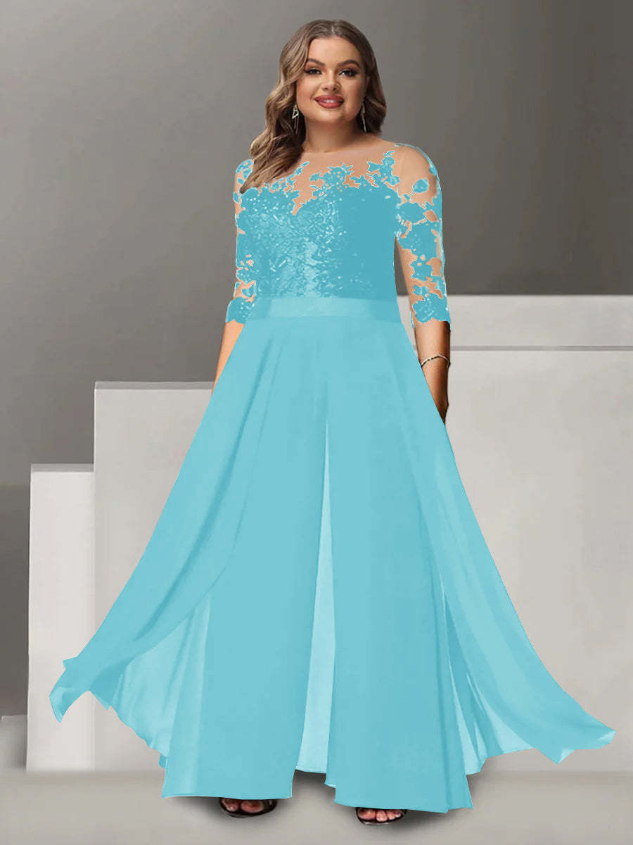 Princess A-Line Floor-Length Plus Size Mother of the Bride Pantsuit with Applique and 3/4 Sleeves Jewel Neck-BMbridal