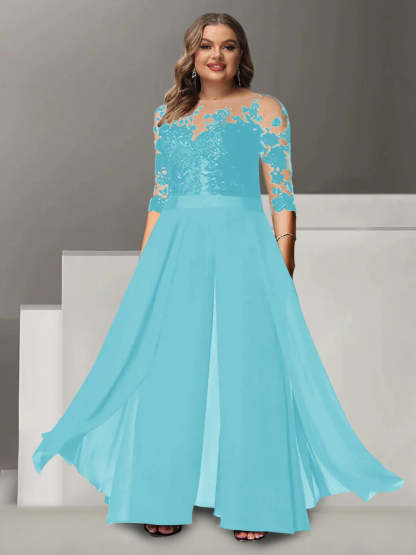 Princess A-Line Floor-Length Plus Size Mother of the Bride Pantsuit with Applique and 3/4 Sleeves Jewel Neck-BMbridal