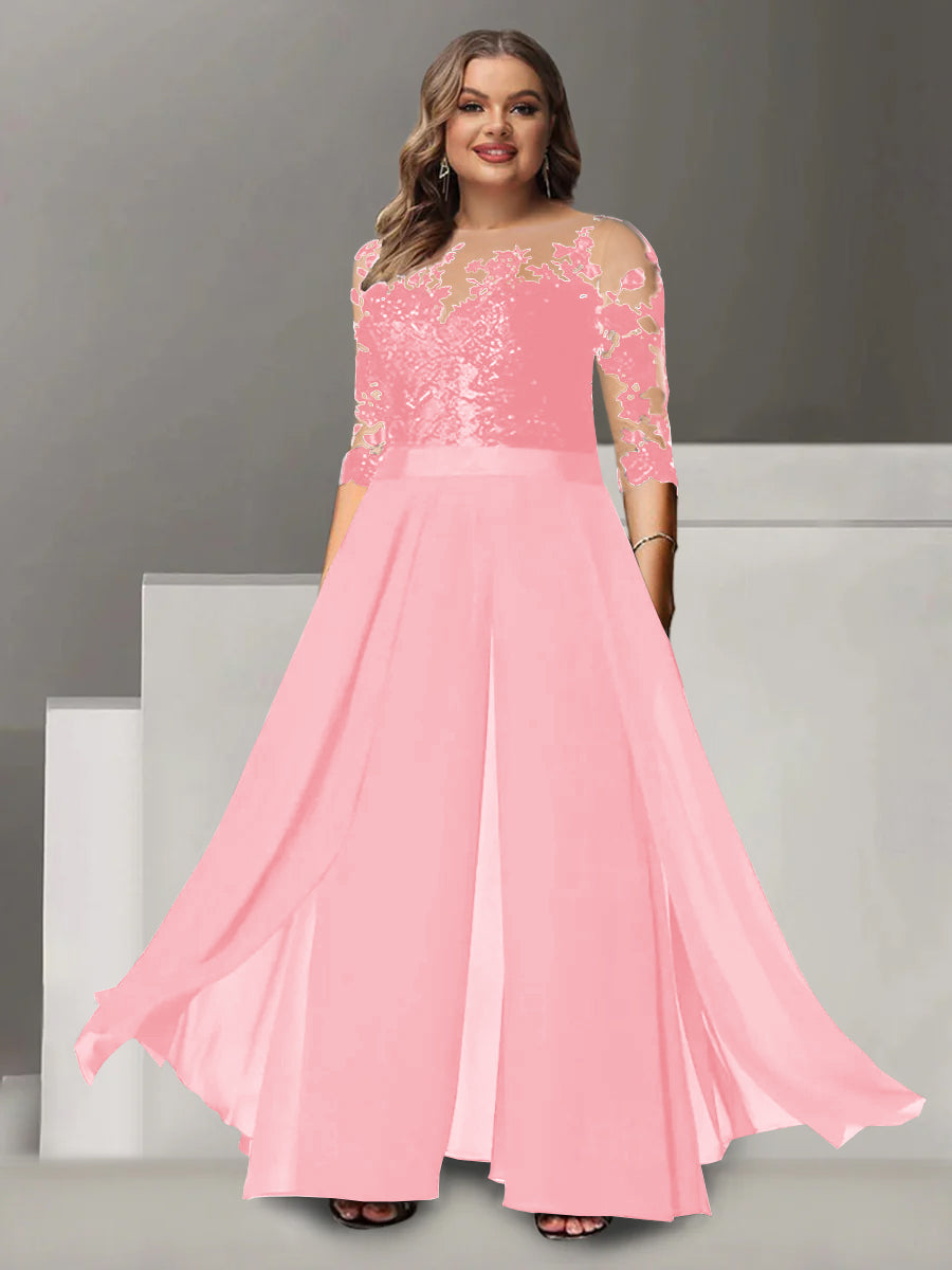 Princess A-Line Floor-Length Plus Size Mother of the Bride Pantsuit with Applique and 3/4 Sleeves Jewel Neck-BMbridal