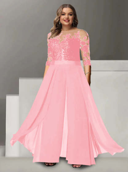 Princess A-Line Floor-Length Plus Size Mother of the Bride Pantsuit with Applique and 3/4 Sleeves Jewel Neck-BMbridal