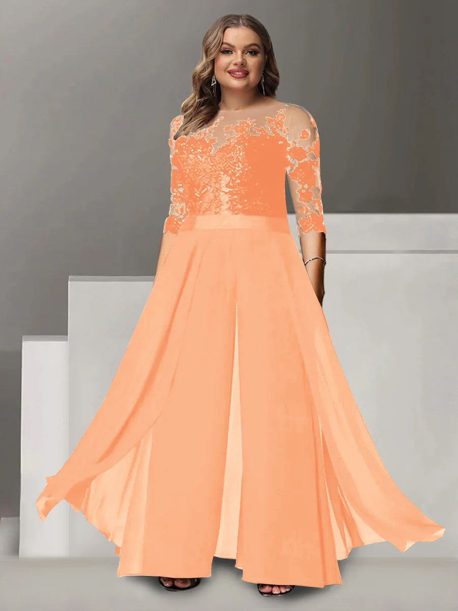 Princess A-Line Floor-Length Plus Size Mother of the Bride Pantsuit with Applique and 3/4 Sleeves Jewel Neck-BMbridal